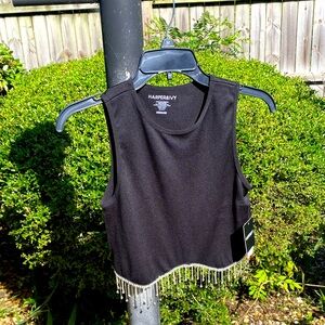 Harper & Ivy Black Beaded Fringe Crop Top.